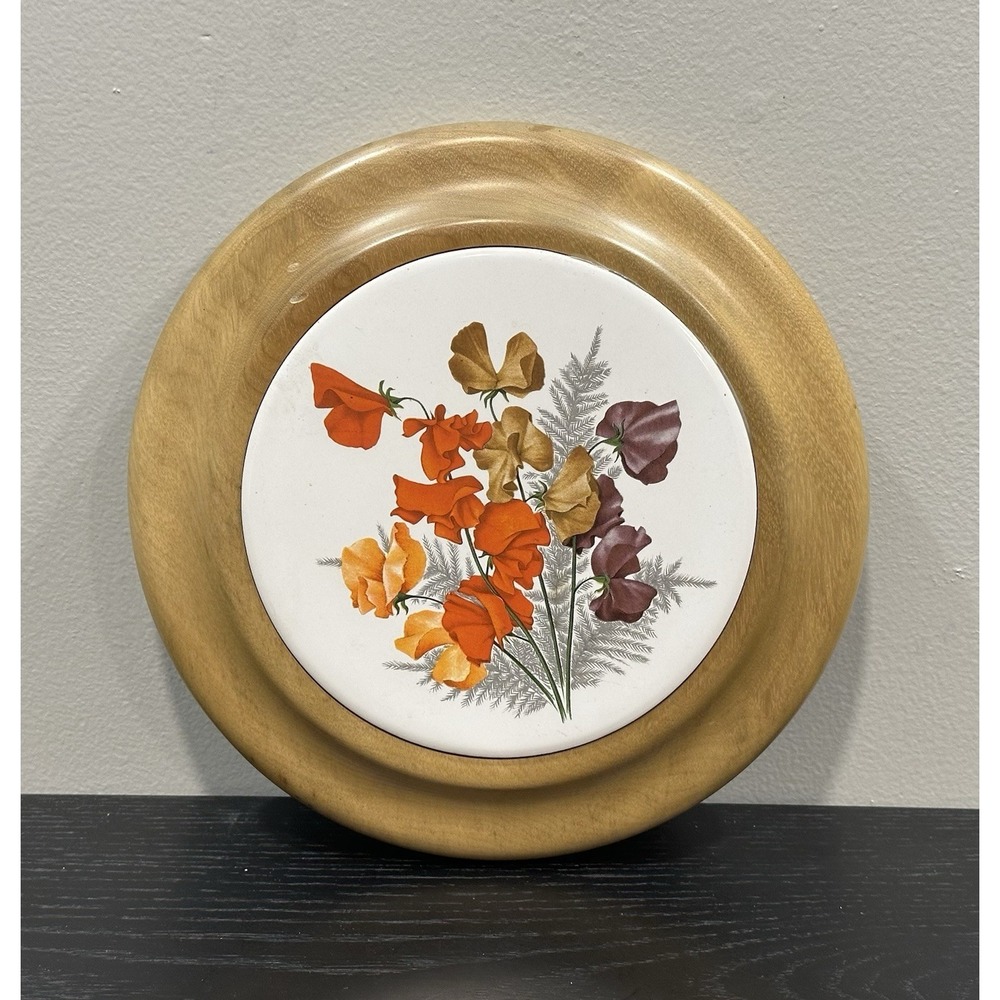 Vintage Myrtle Craft Oregon Myrtlewood Trivet Ceramic Tile Sweet Pea Floral 70s - Picture 2 of 6